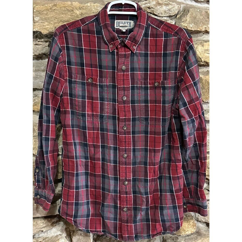 Men’s Duluth Trading Company Flannel Shirt Plaid Long Sleeve Trim Fit Red Black